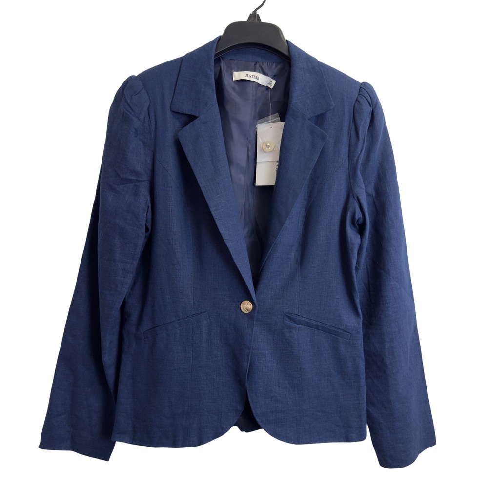 NEW JustFab Navy Linen Blend Puff Shoulder Single Button Blazer Women's M Jacket
